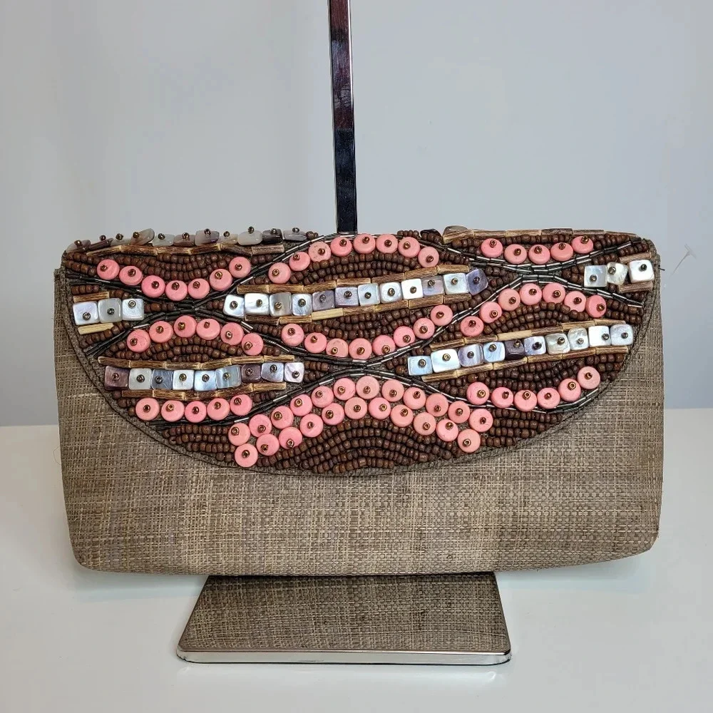 Misenka Raffia Hand-Woven Beaded Envelope Clutch Handbag NEW